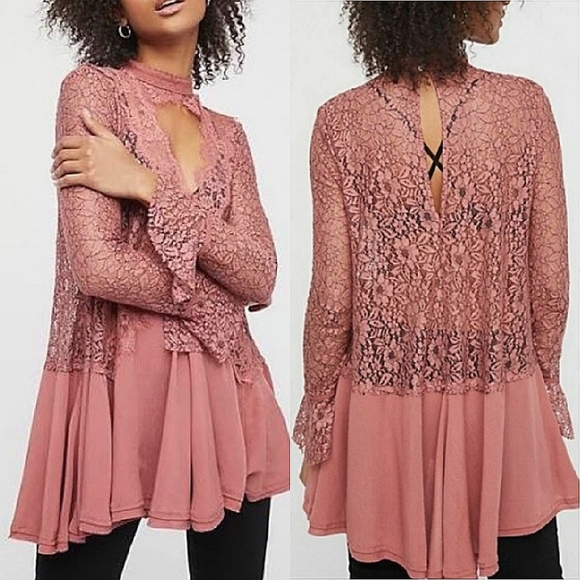 NWT✨️OFFER⚡️Free People Tell Tale Dusty Mauve Lace Tunic Dress, Small - Picture 3 of 9
